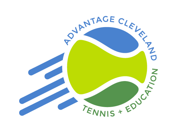 Advantage Cleveland Tennis + Education logo featuring a stylized green and blue tennis ball with blue motion lines, surrounded by the organization’s name.