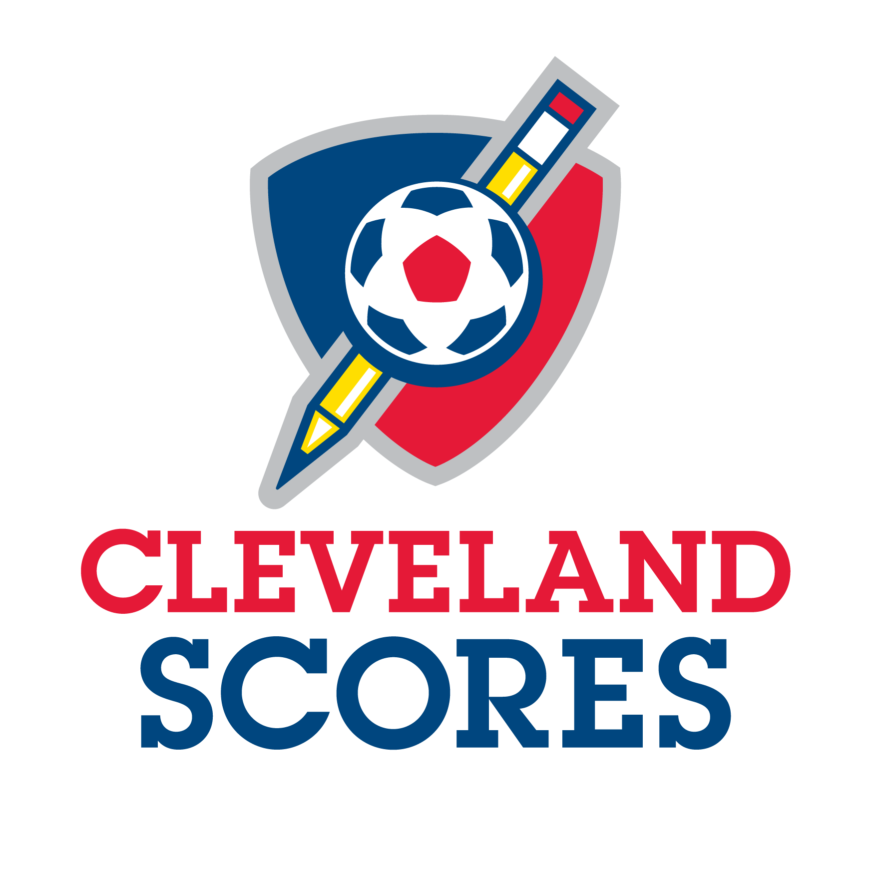 Cleveland SCORES logo featuring a soccer ball and pencil graphic above the words “Cleveland SCORES” in red and blue.