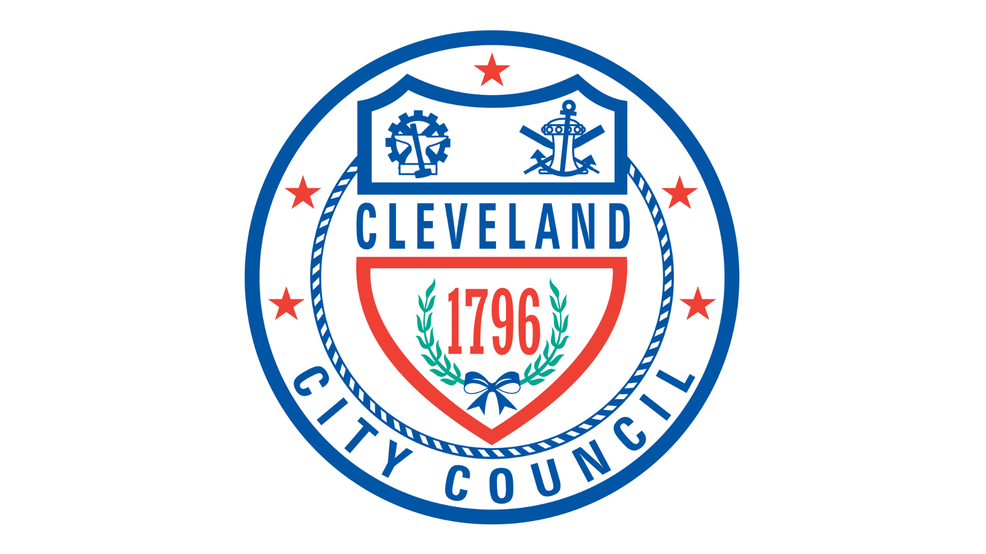 Cleveland City Council seal featuring a blue, red, green, and white circular design with the word “Cleveland,” the year “1796,” civic symbols, red stars, and the words “City Council.”
