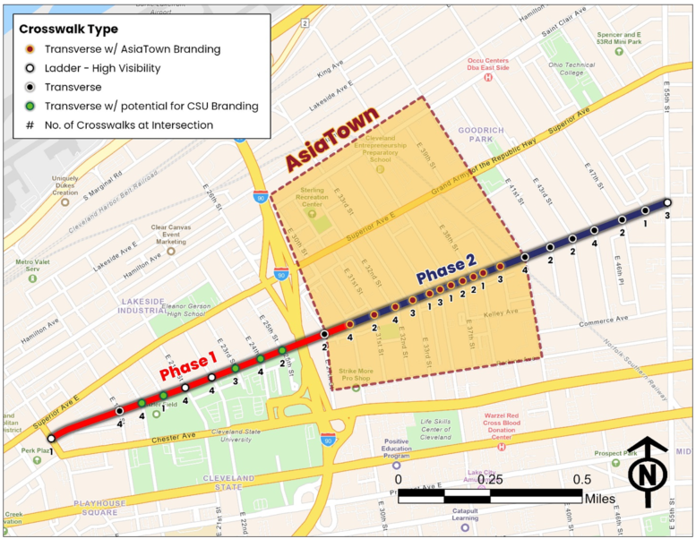 A map showing where ladder, transverse, and decorative crosswalks will be placed on Payne Avenue. Decorative AsiaTown Crosswalks will be included between East 30th and East 40th Street.