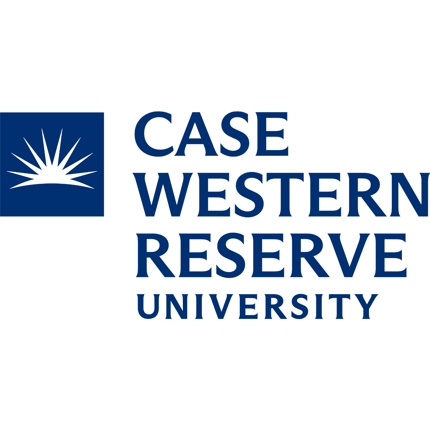 Case Western Reserve University logo featuring a blue square with a white stylized sunburst emblem on the left and the words “Case Western Reserve University” in bold blue text to the right.