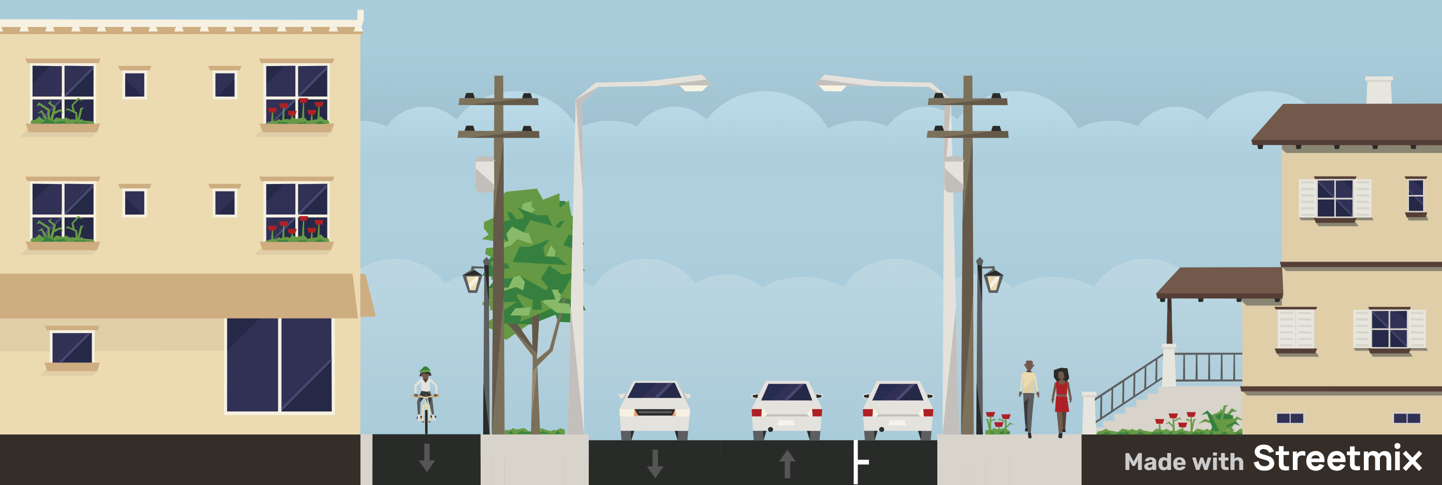 Cross-section of E 66th Street showing a shared-use path with bi-directional driving lanes and parking lane, and sidewalk