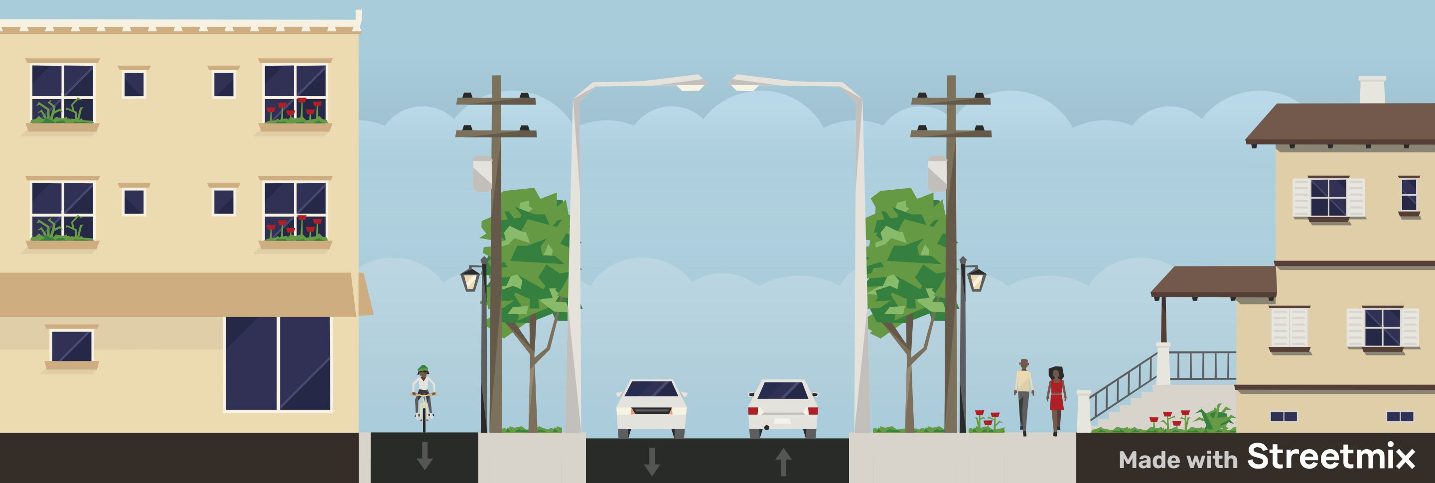 Cross-section of E 66th Street showing a shared-use path with bi-directional driving lanes and no parking lane, and sidewalk