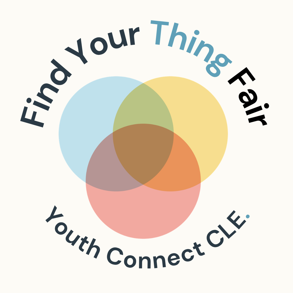 Find Your Thing Fair logo for Youth Connect CLE, featuring three overlapping circles in muted green, orange, and red beneath the event name.