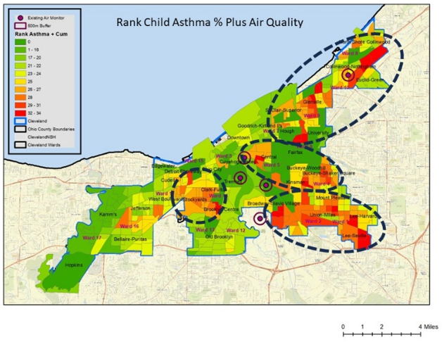 map of city showing child asthma rates and air quality
