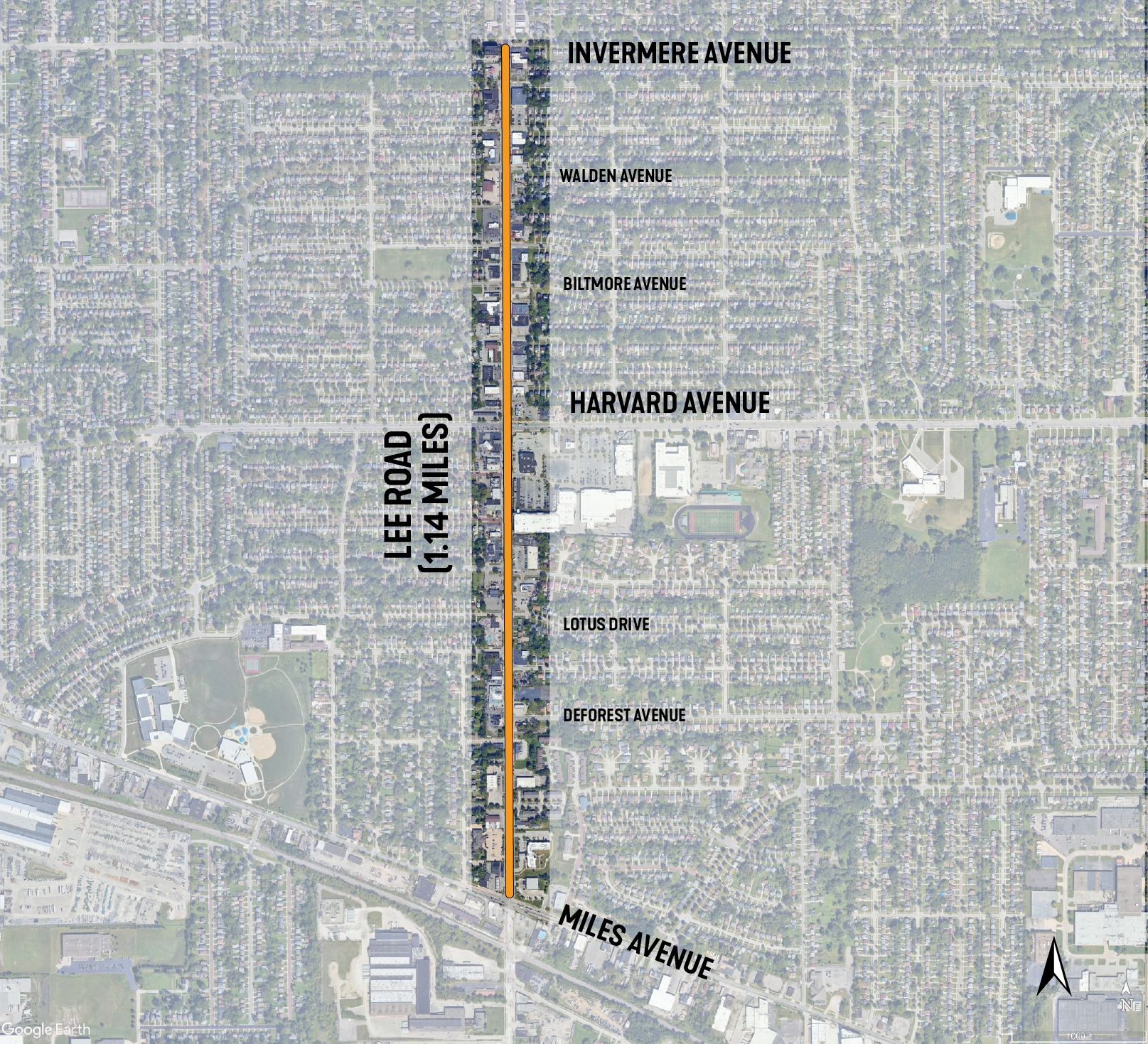 Illustrative map of project limits of Lee Road from Miles Avenue to Invermere Avenue