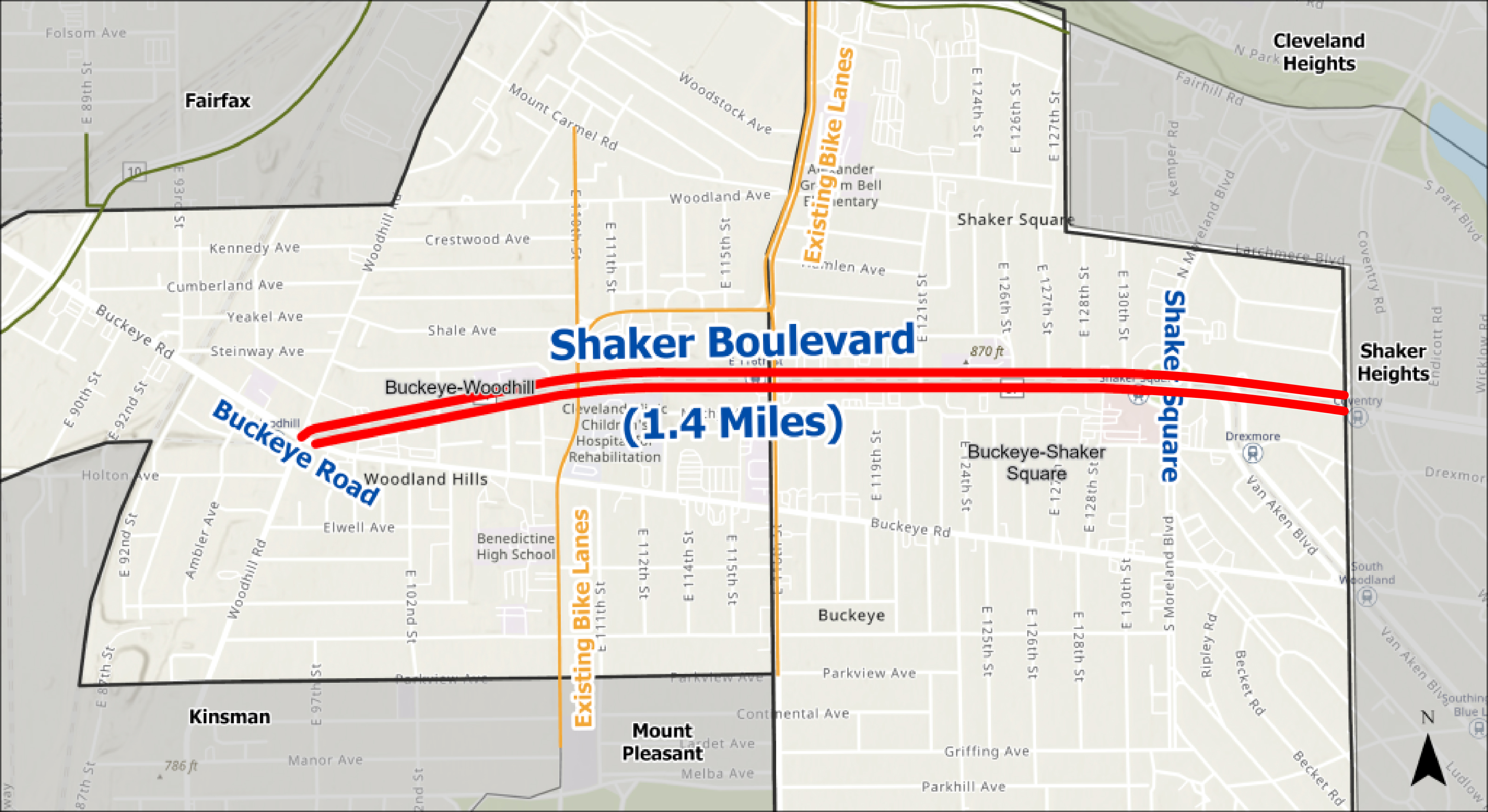 Map shows Shaker Boulevard highlighted in red from Woodhill to the Eastern boundary of Cleveland. Existing bike lanes on MLK and E 116th and highlighted in orange.