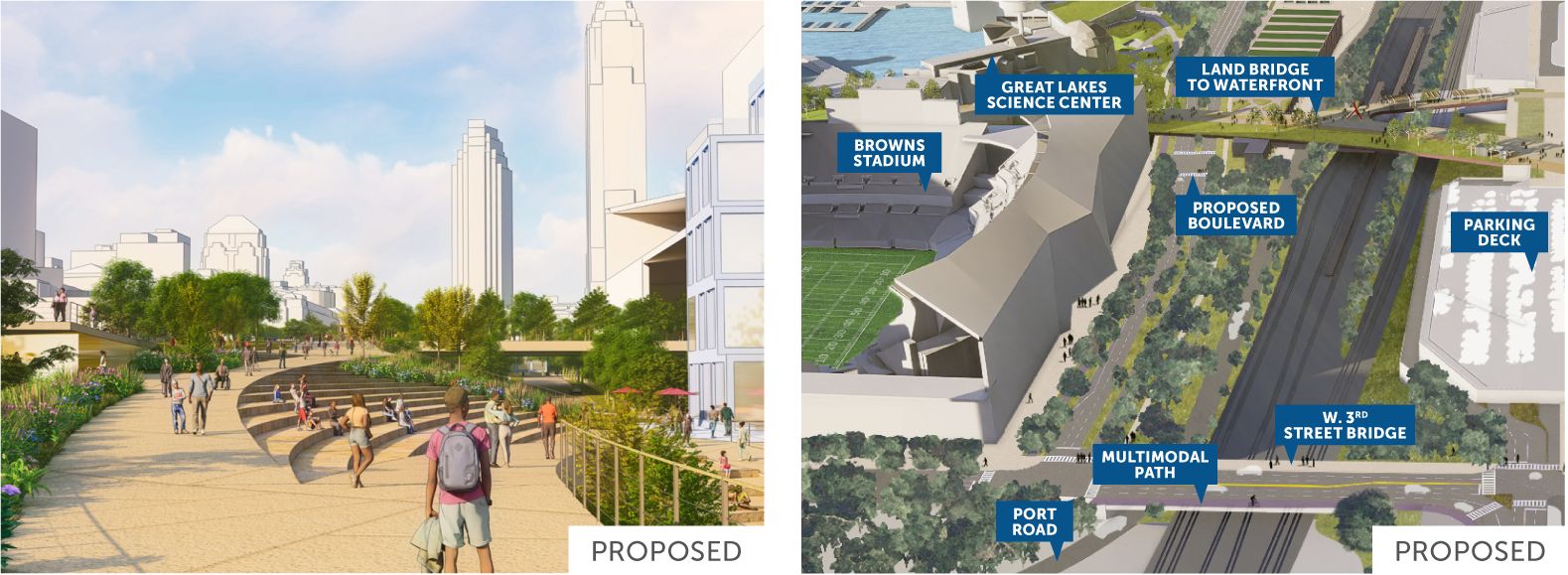 The images above show the proposed North Coast Connector. The land bridge would extend from the grassy area next to Cleveland City Hall to the lakefront, crossing over the railroad tracks and State Route 2 Cleveland Memorial Shoreway.