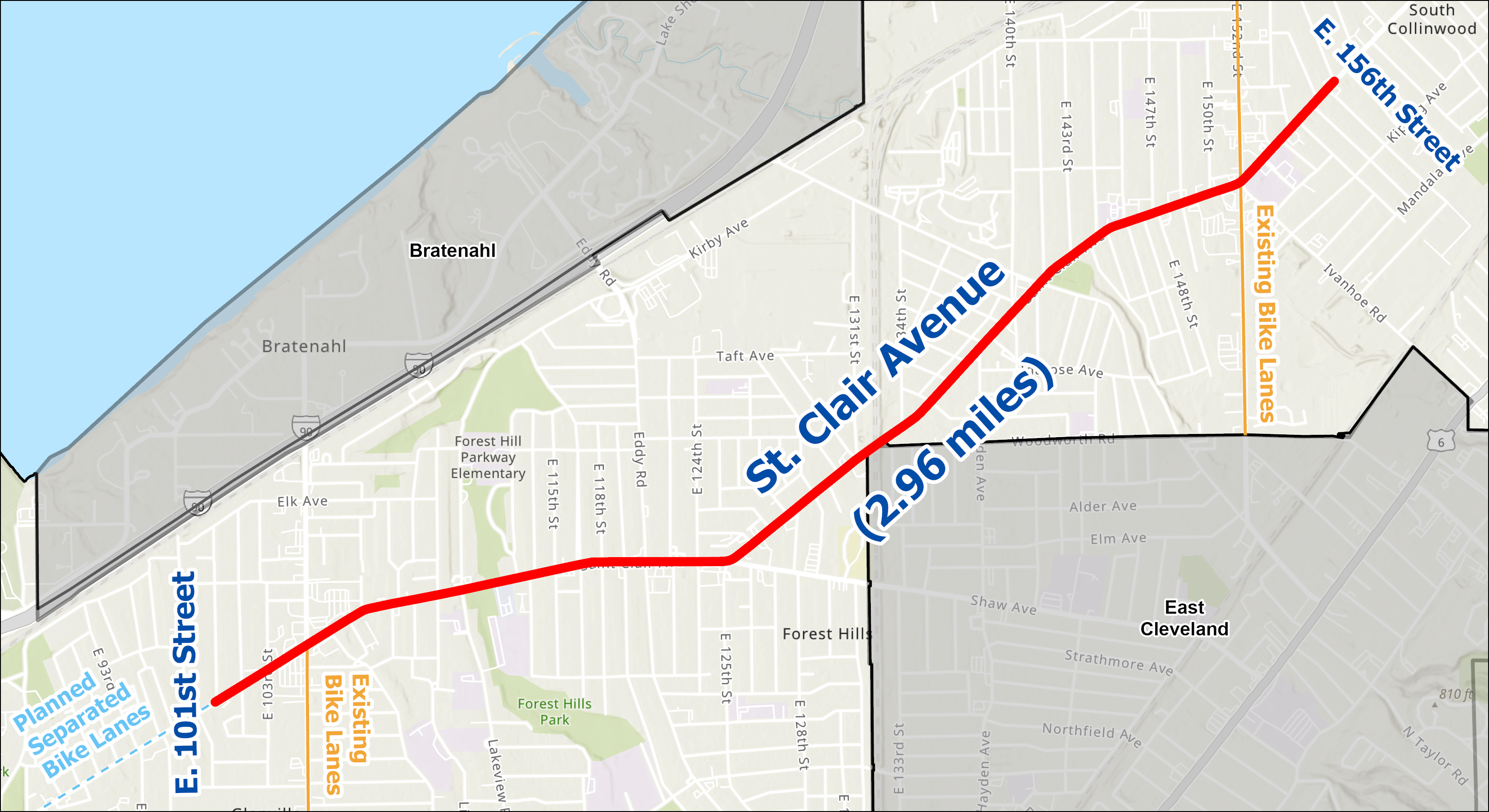 A map shows the extents of the St. Clair safety project, which spans from E. 101st Street to E. 156th Street. It also shows existing and planning bikeway connections on E. 152nd and on St. Clair west of the project.