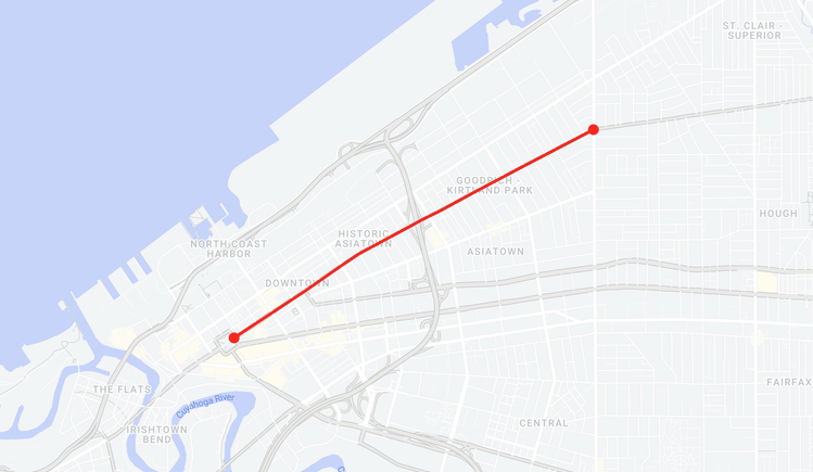 Street map displaying project limits of Superior Avenue from Public Square to E.55th St.