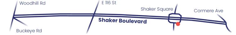 Map of Shaker Blvd with marker on meeting location in southeast corner of Shaker Square