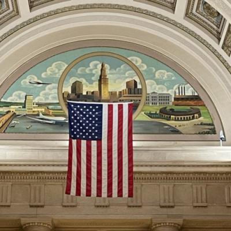 view of american flag inside of city hall