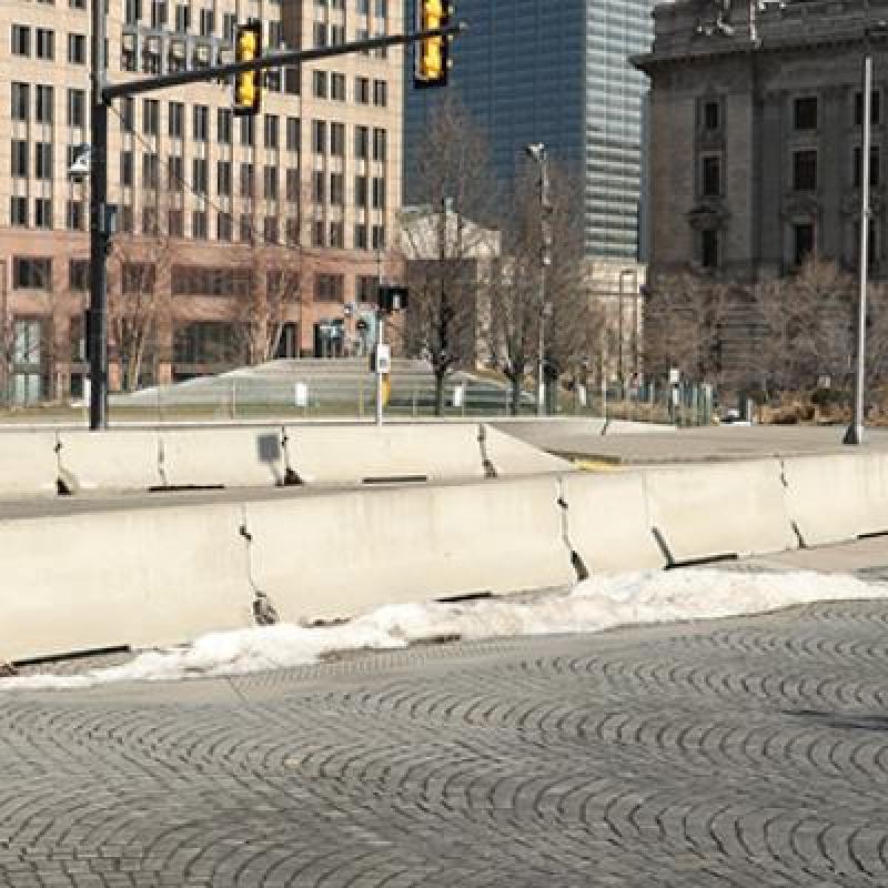 clevelands downtown public square with traffic cone