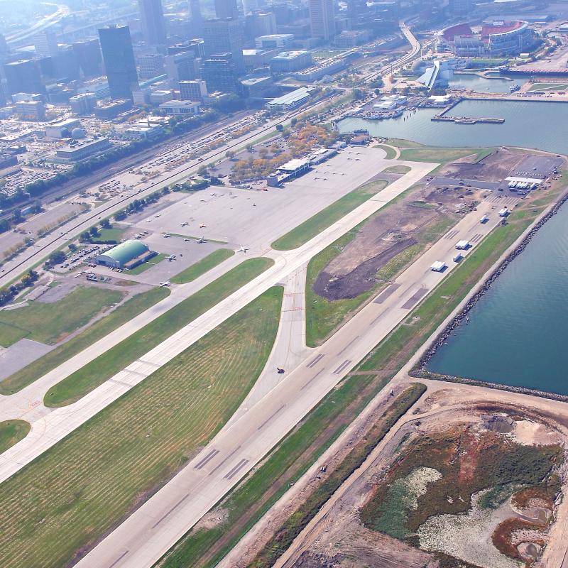 An arial view of Burke Lakefront Airport