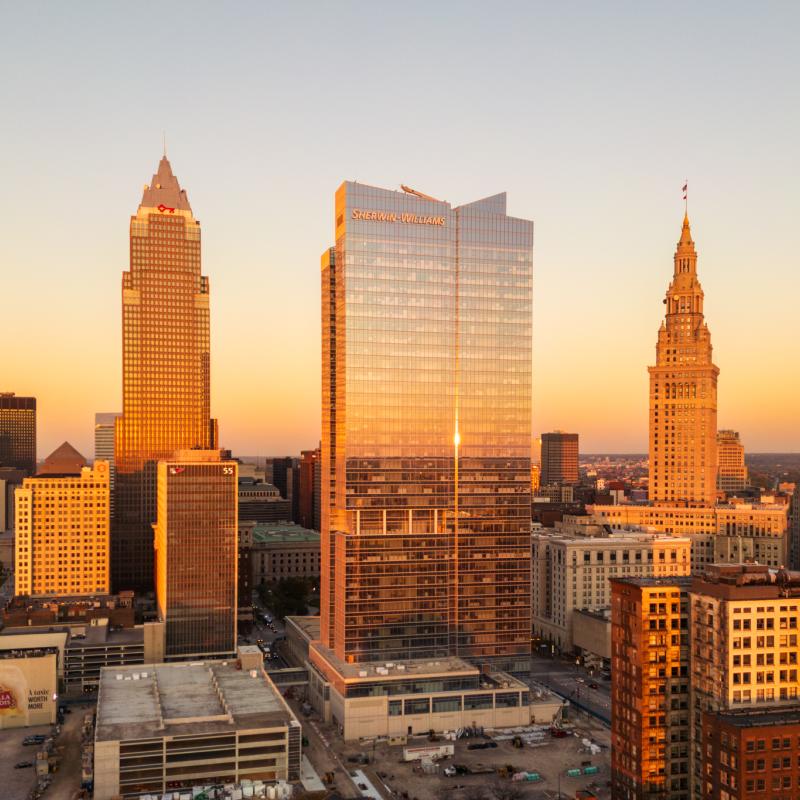 City skyline at sunset
