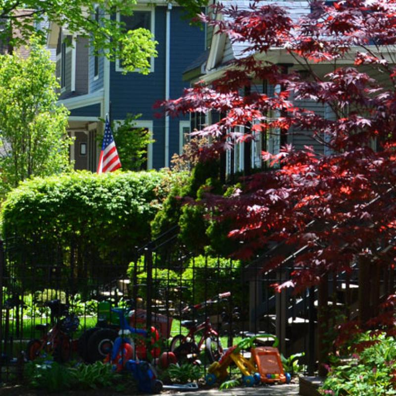 row of houses on a nice street in spring with trees in bloom