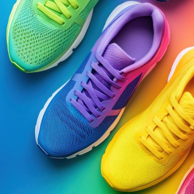 Colorful athletic shoes arranged on vibrant rainbow gradient background, showcasing variety of bright hues and modern designs.