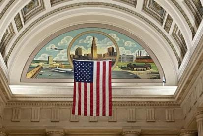 view of american flag inside of city hall