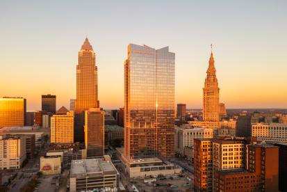 City skyline at sunset