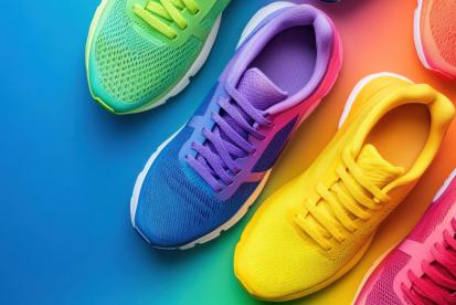 Colorful athletic shoes arranged on vibrant rainbow gradient background, showcasing variety of bright hues and modern designs.
