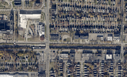 An aerial image of Shaker Boulevard near E 116th Street.