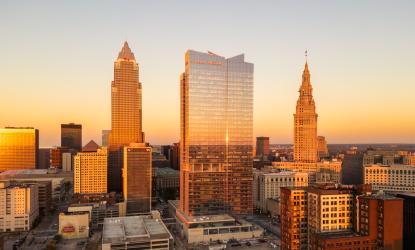 City skyline at sunset