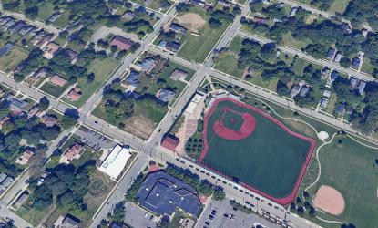 Satellite aerial showing the intersection of E. 66th Street and Lexington Avenue, where Cleveland's Historic League Park is located.
