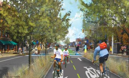 Rendering of Superior Midway with bike lanes and protected landscape buffers