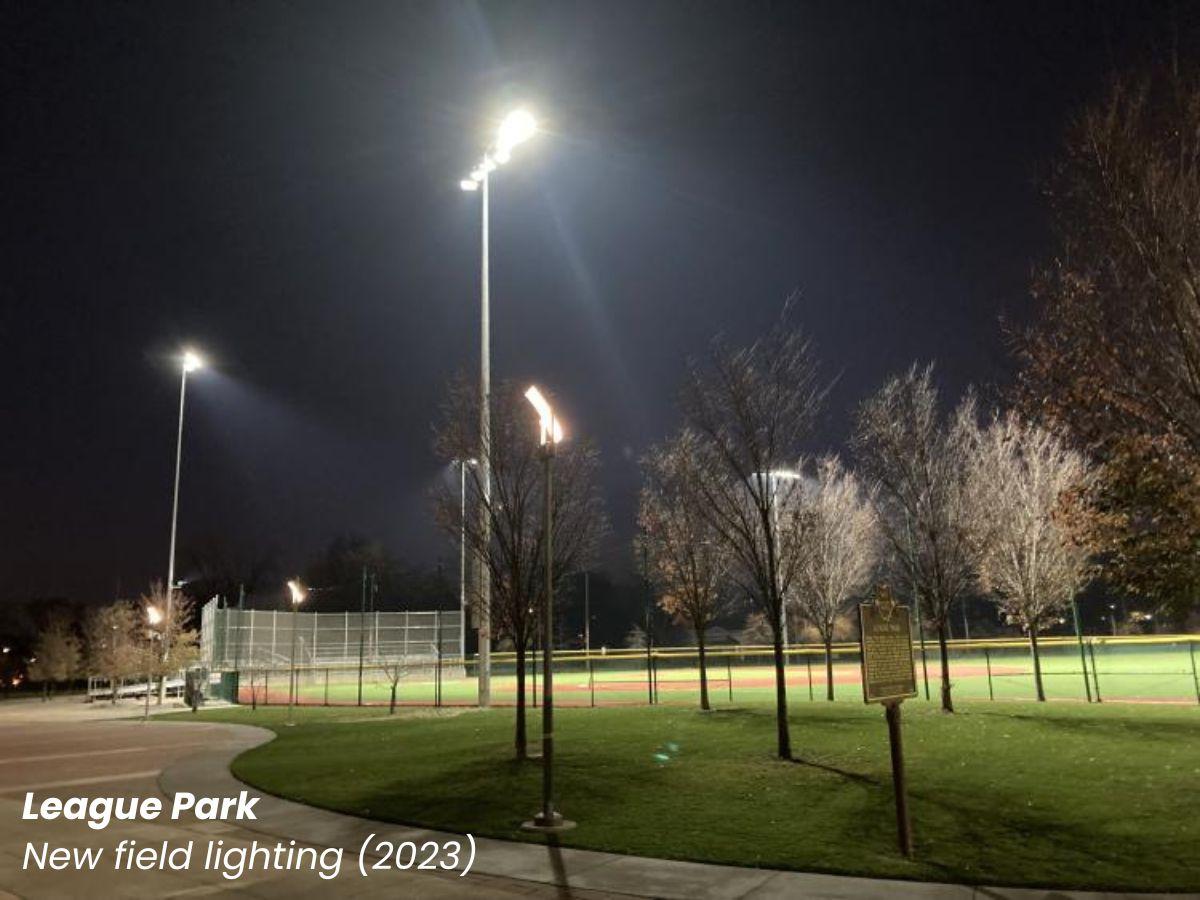 League park at night highlighting the new field lighting.
