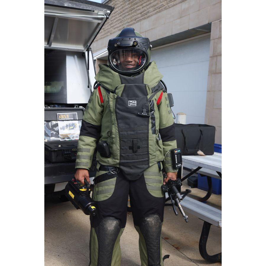 Junior Mayor trying on public safety gear