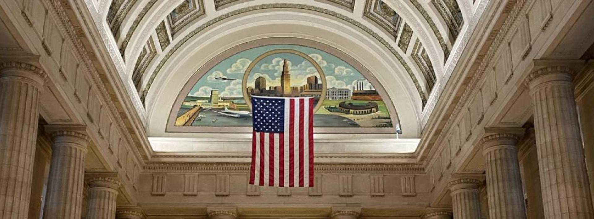 view of american flag inside of city hall