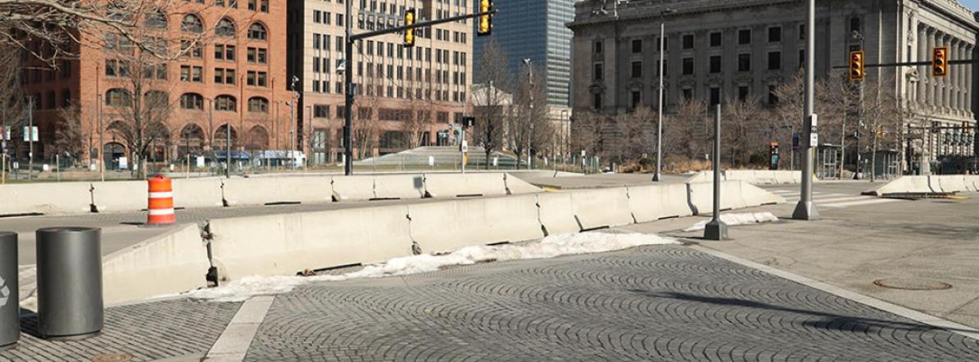 a photo of the sidewalk in downtown cleveland