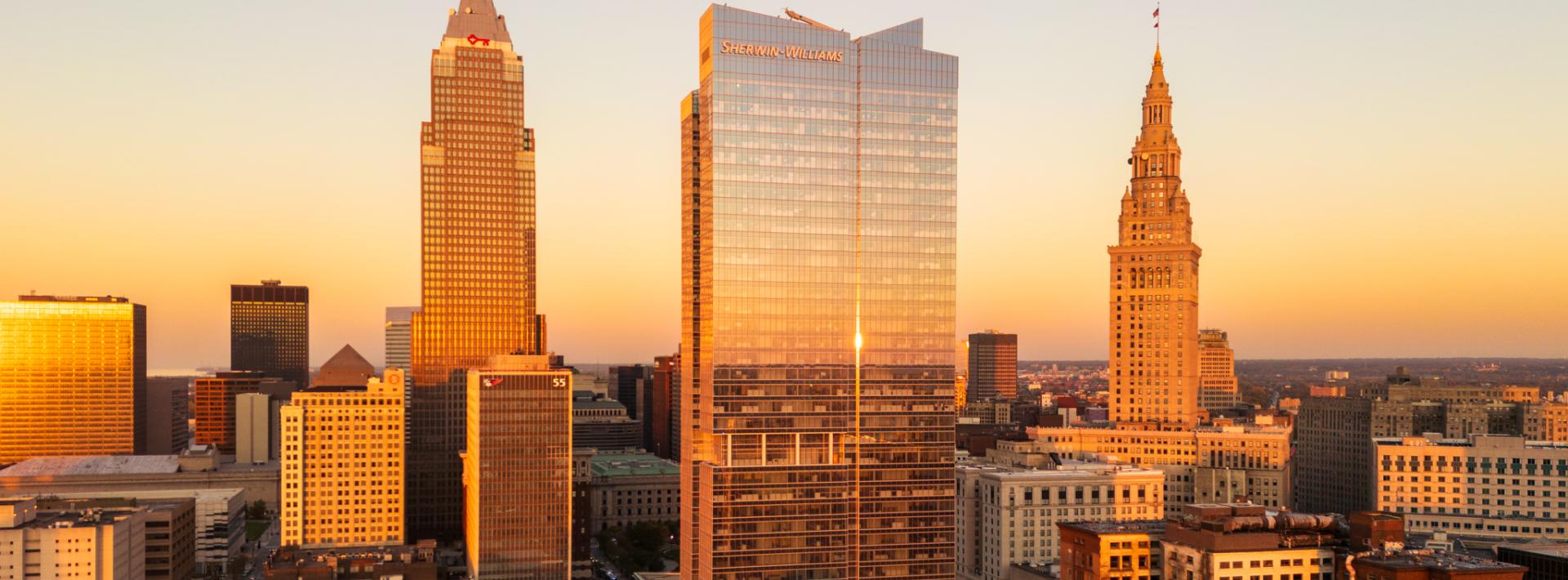 City skyline at sunset