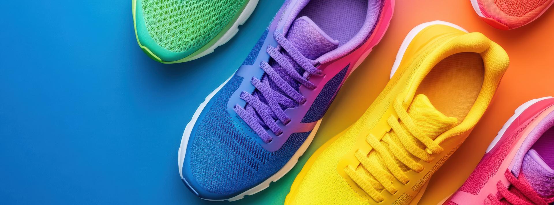 Colorful athletic shoes arranged on vibrant rainbow gradient background, showcasing variety of bright hues and modern designs.