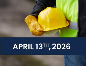 construction worker holding a hard hat with date of April 13, 2026 on top of image