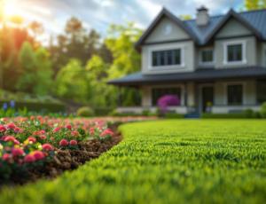 Decorative image: shot of flower beds from down low with house in background