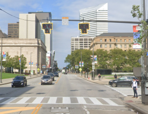 Example of a crosswalk with a Pedestrian Hybrid Beacon at the intersection of St. Clair Avenue and West Mall Drive.