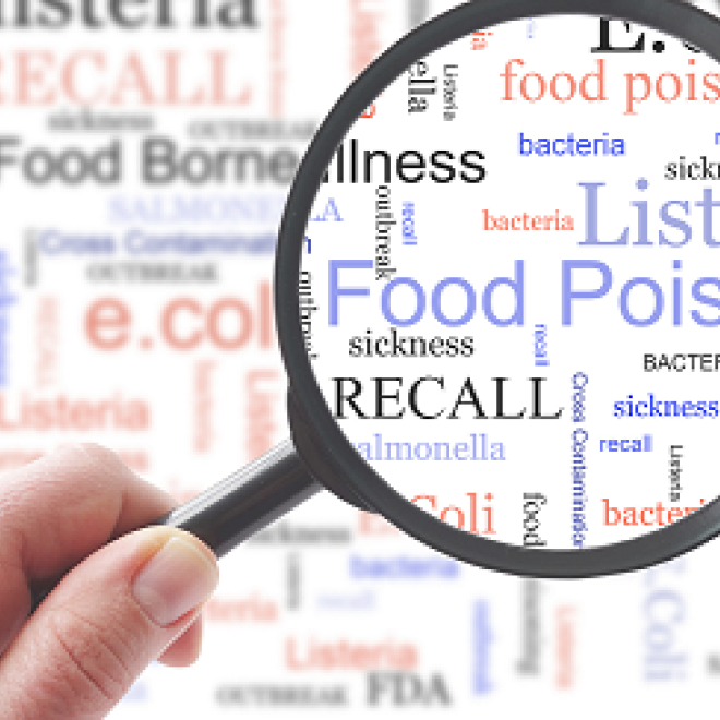 hand holding magnifying glass over words about food safety