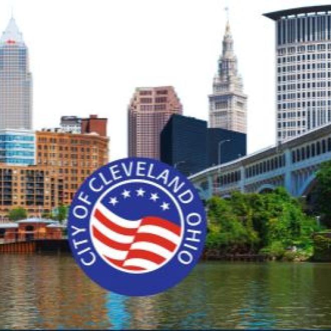 city skyline with city logo