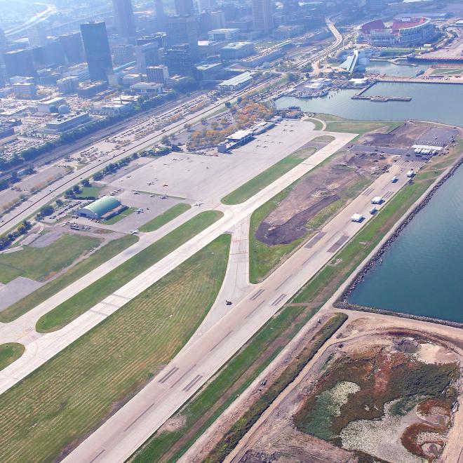 An arial view of Burke Lakefront Airport