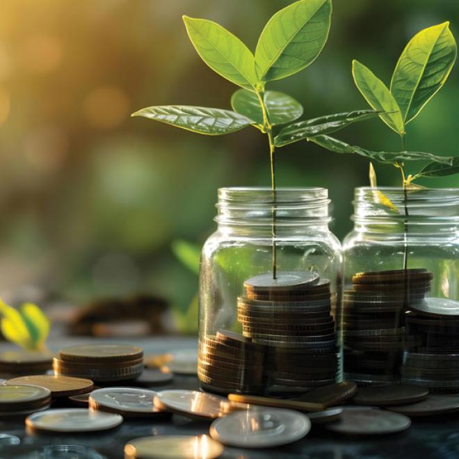 two saplings growing from coins in jars