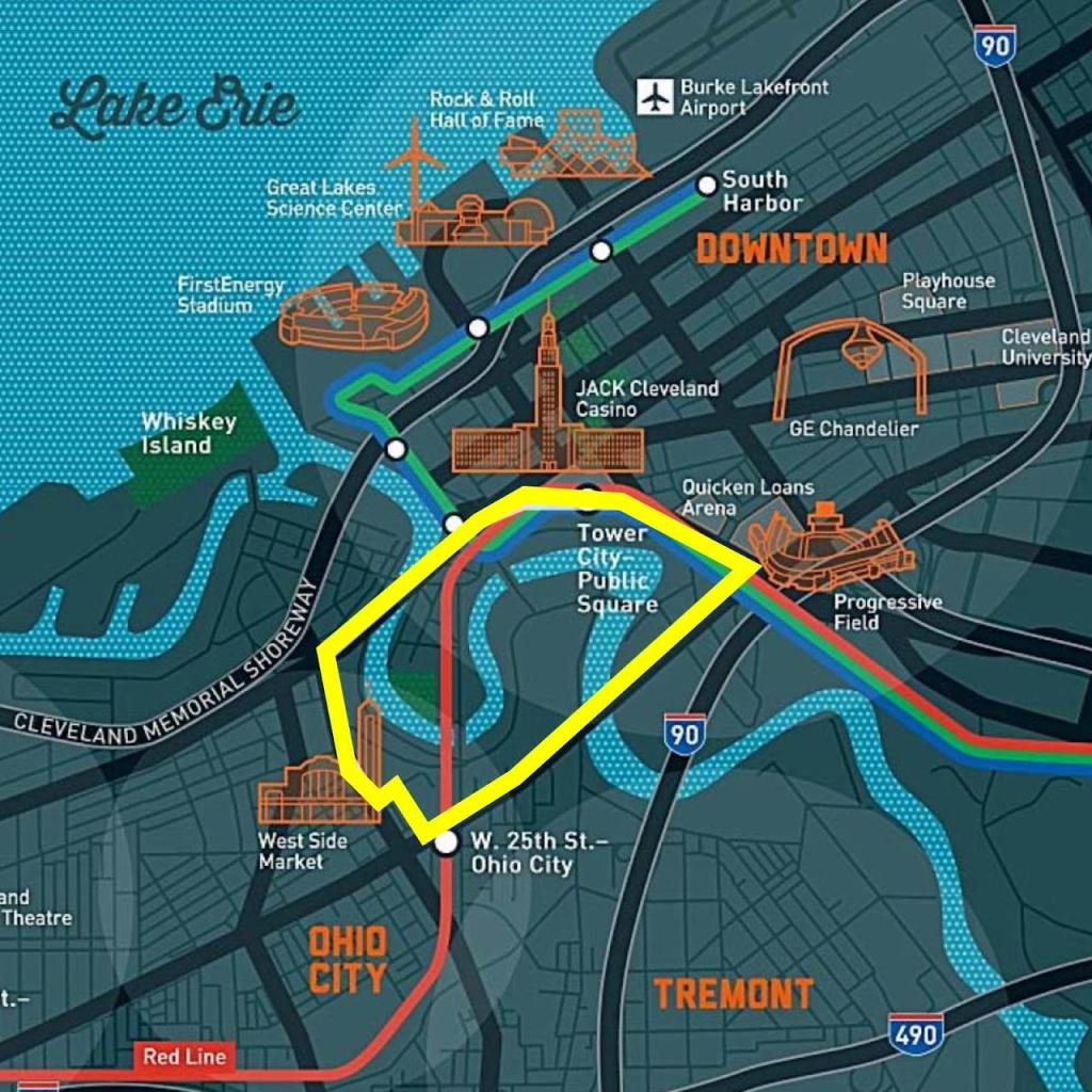 Map illustrating the full Memorial Bridges Loop and nearby connections to key destinations like West Side Market and Progressive Field.
