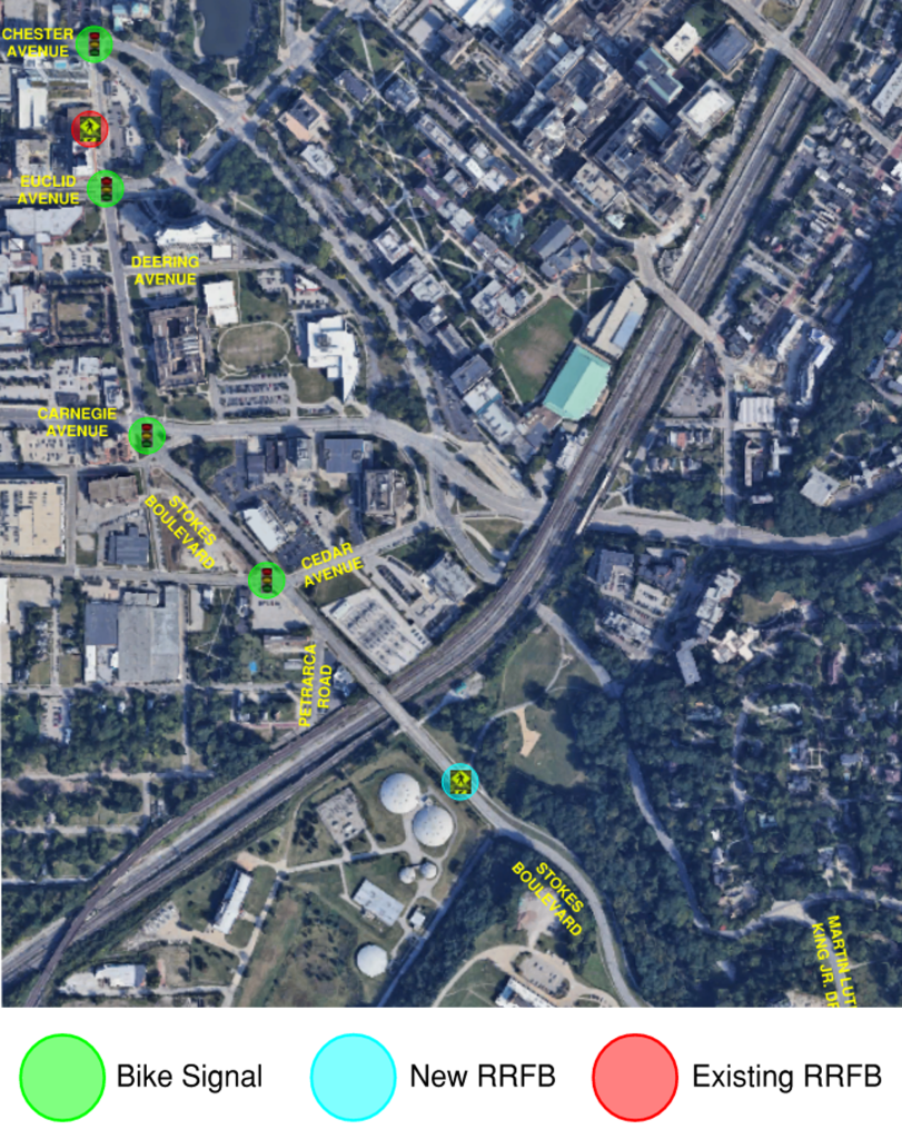 Map of the project corridor showing the locations of the proposed signal changes.