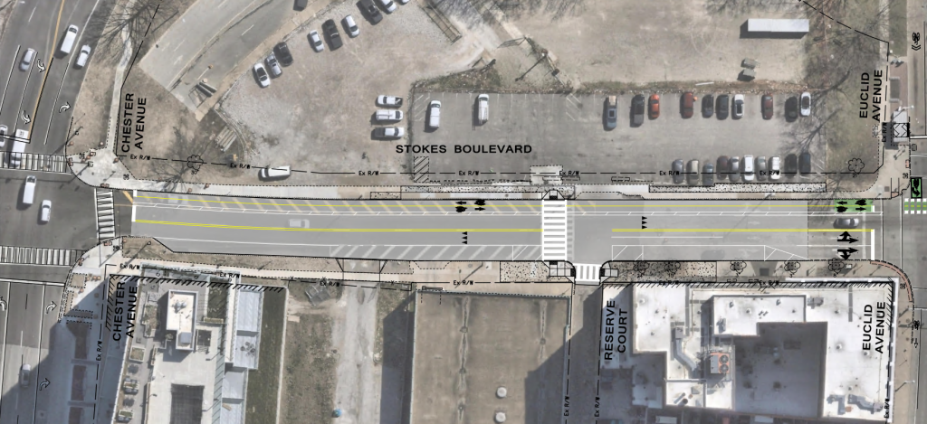 Image illustrating the proposed roadway configuration changes between Chester Avenue and Euclid Avenue.